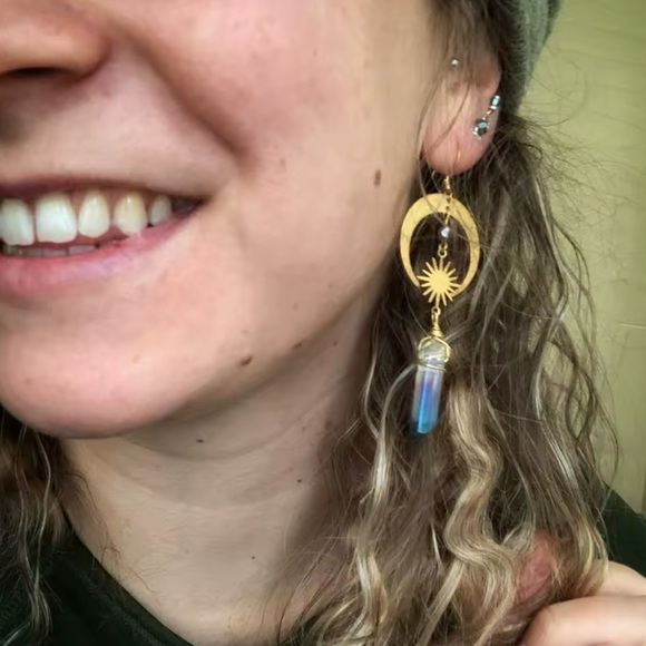 Celestial Gothic Moon And Star Quartz Crystal Earrings - Picture 9 of 9